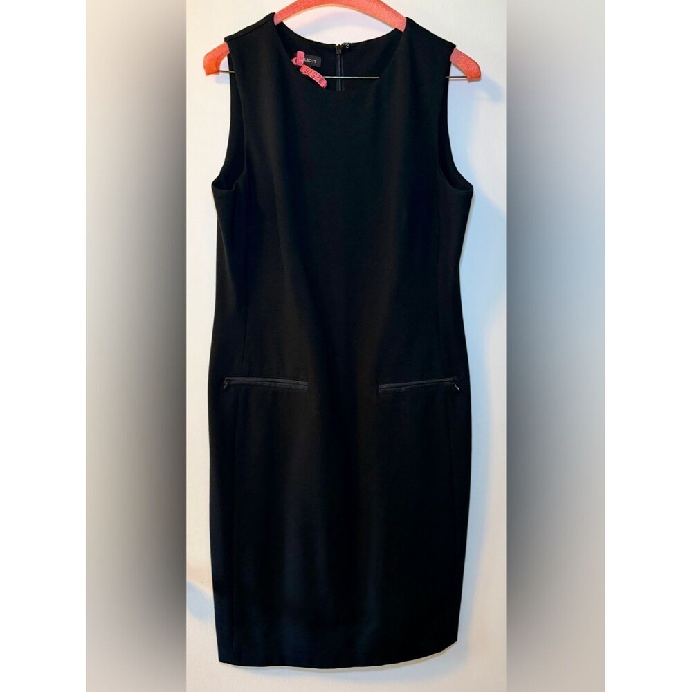 Talbots Black Sleeveless Midi Sheath Dress with Front Zip Pockets